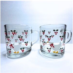 Vintage 1984 CHD Anchor Hocking Christmas Goose Holly Berries 3" Glass Mugs